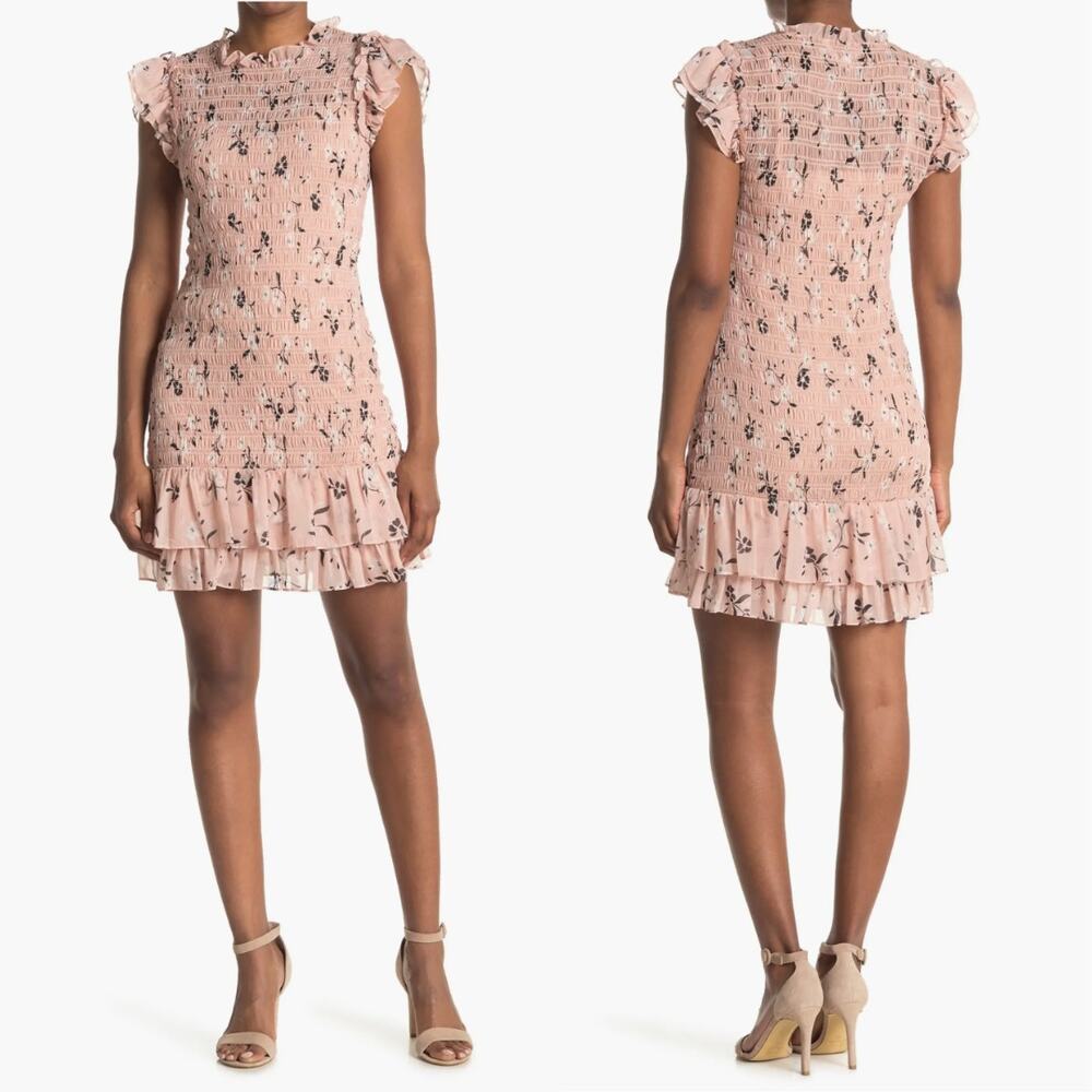 Veronica Beard Cici Blush Pink Floral Smocked Ruffle Mini Dress Dainty Bridal